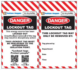 Fulton Hogan Danger Lockout Tag Red 145x80mm