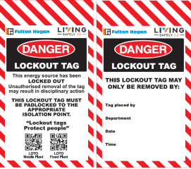 Fulton Hogan Danger Lockout Tag Red 145x80mm